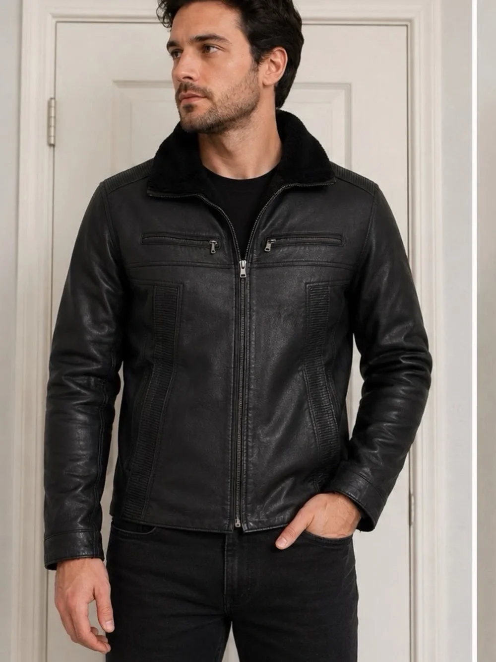 Mens Vintage Distressed Black Leather Shearling Jacket Moto Bomber Fur‎ Collar